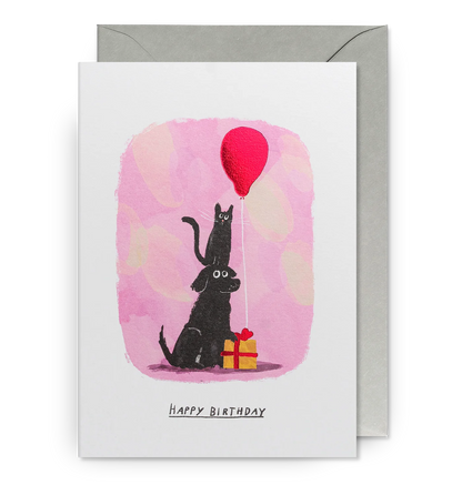 Dog & Cat Red Balloon Happy Birthday Card：7667