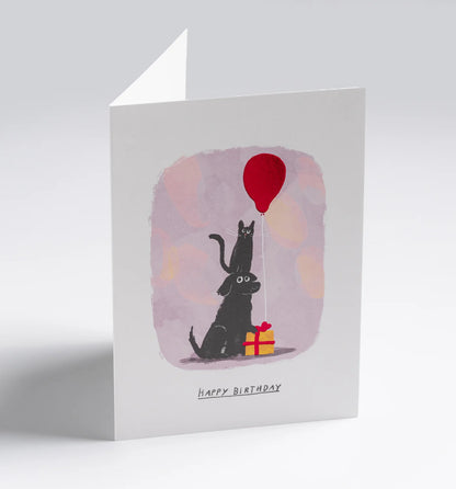 Dog & Cat Red Balloon Happy Birthday Card：7667